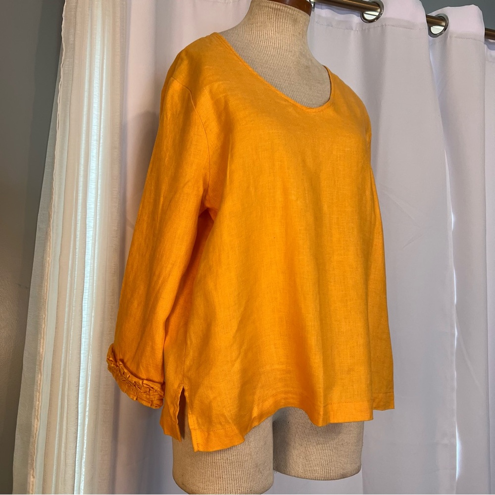 LANTANA WOMENS LINEN ORANGE BLOUSE 3/4 RUFFLE SLEEVE V NECK S M NWT BEACH WEAR